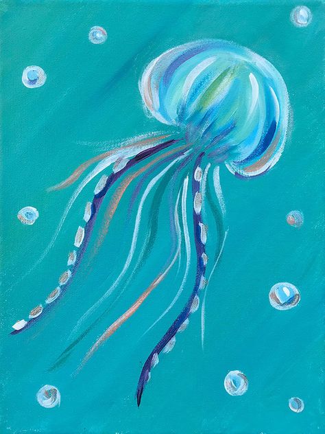 *FR*Jellyfish Paintings For Kids Baby Jellyfish, Beachy Art, Jellyfish Painting, Beach Art Painting, Underwater Painting, Jellyfish Art, Seashell Painting, Paint Nite, Cute Canvas Paintings