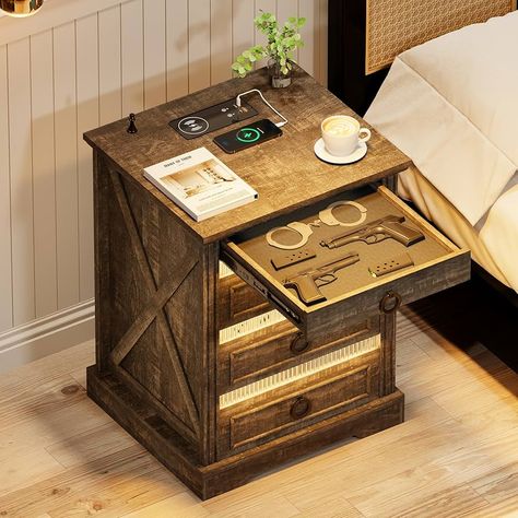 Amazon.com: TAGELIER Nightstand with Gun Drawer, Farmhouse Bedside Table with Charging Station, Gun Night Stand with LED Light & Human Sensor, Smart End Table for Bedroom, Rustic Brown : Home & Kitchen Farmhouse Bedside Table, Sustainable Living Room, Table With Charging Station, Bedroom Rustic, Dining Roo, Table For Bedroom, Rustic Nightstand, Home Tattoo, Beauty Design