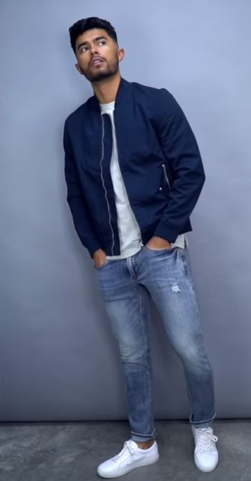 Mens Blue Jacket Outfit, Navy Blue Jeans Outfit Men, Navy Blue Jacket Outfit Men, White Jean Jacket Outfits Men, Mens Light Wash Jeans Outfit, Navy Jacket Outfit Men, Light Denim Jeans Outfit Men, Light Wash Jeans Outfit Men, Outfit Bomberjacket