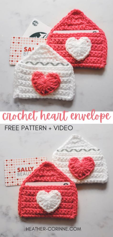 A Pinterest graphic for the Crochet Heart Envelope Free Pattern + Video; Two images of the Crochet Heart Envelope Gift Card Holders holding gift cards. Beginner Valentine Crochet, Valentines Day Free Crochet Patterns, Crochet Heart Gift Ideas, Heart Box Crochet, Heart Envelope Crochet, Small Valentine Crochet, Valentines Crochet For Boyfriend, Easy Crochet Valentines, Crochet Valentines For School