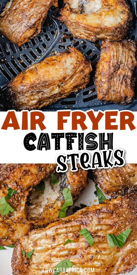 Air Fryer Catfish steaks are incredibly easy to make and come out with a crispy exterior. This fish recipe has loads of flavor and does not break apart in the air fryer. And best of all, it is ready in just 20 minutes! Keto Catfish Recipes Air Fryer, Catfish Steak Recipes, Catfish Recipes Air Fryer, Airfryer Catfish Recipe, Catfish In Air Fryer, Catfish Air Fryer, Air Fryer Catfish Recipes, Catfish Steaks, Cooking Catfish