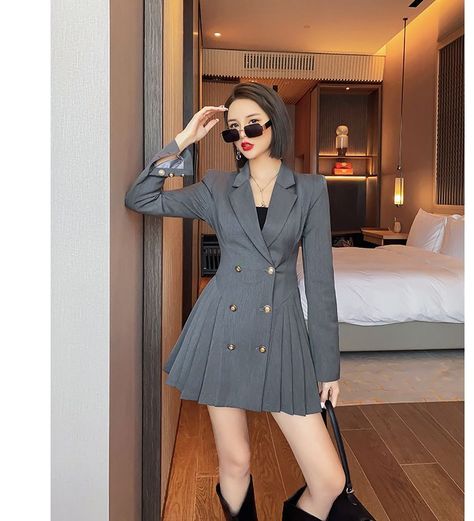 Elvik - Pleated Double-Breasted Mini A-Line Blazer Dress | YesStyle Double Blazer, A Business Woman, Y2k Aesthetic Fashion, Blazer Mini Dress, Pakistan Fashion, Night Dress For Women, College Style, Vintage Elegant, Sequin Mini Dress