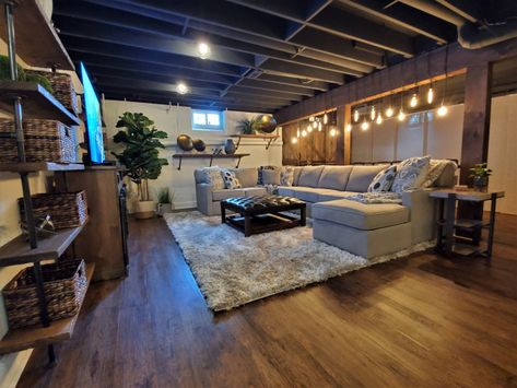 Exposed Basement Ceiling, Cheap Basement Remodel, Industrial Basement, Small Basement Remodel, Rustic Basement, Basement Remodel Diy, Basement Laundry Room, Basement Inspiration, Basement Living Rooms