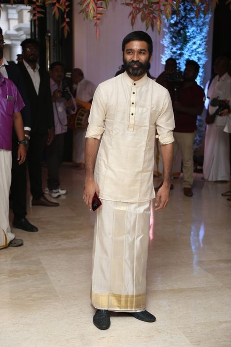 Veshti With Kurta For Men, South Indian Dhoti Kurta For Men, South Indian Mens Wear, Groom Tamil Wedding Outfits, Lungi Outfits For Men, Pattu Veshti And Shirt Groom, Veshti Sattai Men Outfit, Pattu Dhoti For Men, South Indian Mens Wear Lungi