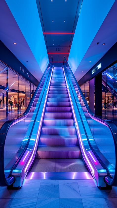 Futuristic Escalator Design: An escalator bathed in neon lights creates a futuristic vibe in a modern shopping mall. #escalator #neon #futuristic #shopping #mall #aiart #aiphoto #stockcake ⬇️ Download and 📝 Prompt 👉 https://ayr.app/l/uvPa Futuristic Shopping Mall, Futuristic Mall, Escalator Aesthetic, Mall Escalator, Escalator Design, Modern Shopping Mall, Mall Aesthetic, Neon Futuristic, Design Image