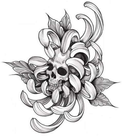 Crisantemo Tattoo, Skull Tattoo Flowers, Japanese Flower Tattoo, Chrysanthemum Tattoo, Black White Tattoos, Skull Art Drawing, Elbow Tattoos, Flower Tattoo Shoulder, Tattoo Stencil Outline