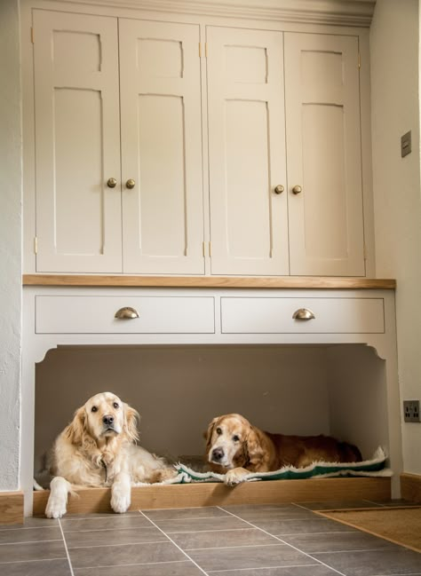 Pantry Dog Room, Dog Nook In Kitchen, Dog Area In Kitchen Ideas, Built In Dog House, Dogs In House, Built In Dog Bed Kitchen, Dog Bed In Kitchen, Dog Beds In Kitchen Built Ins, Utility Room For Dogs