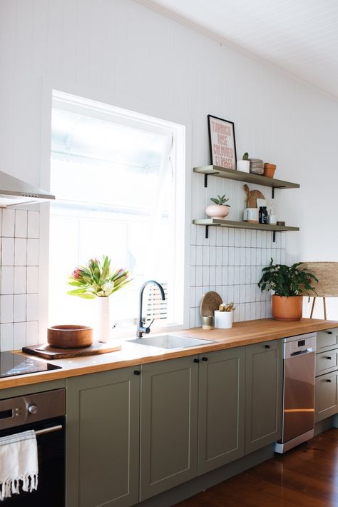 This kitchen gives off a Mediterranean feel with the butcher block countertops. The use of olive green cabinets and the warm wood countertops works beautifully together. Green Shaker Cabinets, Contemporary Wooden Kitchen, Olive Green Kitchen, Affordable Cabinets, Wooden Kitchen Cabinets, Green Kitchen Cabinets, New Kitchen Cabinets, Classic Kitchen, Green Cabinets