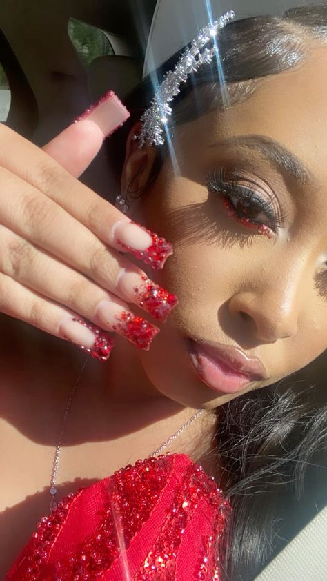 Red Nail Designs For Hoco, Red Nails Design Prom, Short Red Homecoming Nails, Red Acrylic Birthday Nails, Red Nails Ideas For Prom, Red Nails Acrylic Homecoming, Red Nails For Prom Short, Red Short Acrylics, Red Nails For Hoco