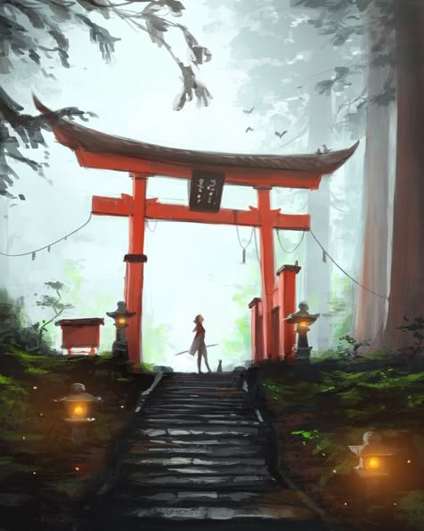 Tori Gate, Japanese Gate, Sam Yang, Medieval Japan, Shrines Art, Japanese Shrine, Torii Gate, Japanese Temple, Morning Commute