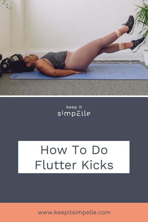 Start by laying flat on your back on your exercise mat, with arms by your sides and palms facing down. Keeping straight legs with toes pointed, lift them a few inches off the ground. You’re going to raise your legs (to at least a 45-degree angle) and lower them again while doing the flutter kick movement – which is crossing over your right leg and left leg repeatedly – keeping your core engaged and your lower back pressed into the floor. Core Exercise, Flutter Kicks, This Girl Can, Exercise Mat, Leg Lifts, Lower Back Pain, Core Strength, Low Back Pain, Mat Exercises