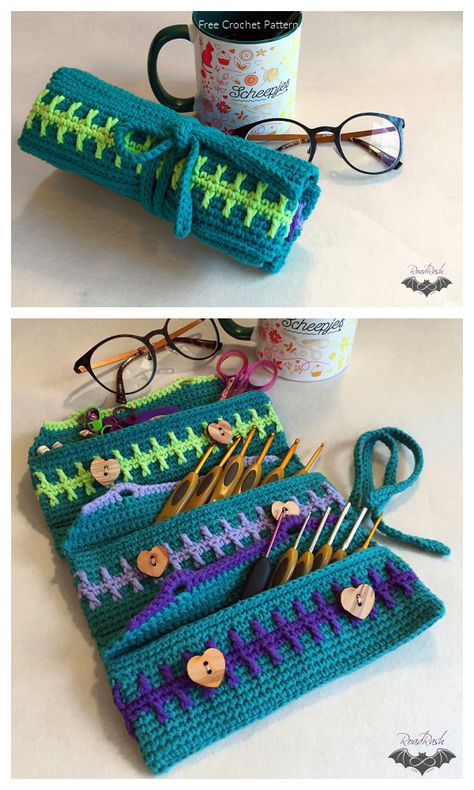 Crochet Hook Holder Case Free Pattern Video Tutorial Crochet Hook Case Pattern, Crochet Accessories Free Pattern, Crochet Hook Organizer, Crochet Hook Holder, Crochet Organizer, Crochet Hood, Crochet Hook Case, Crochet Case, 4mm Crochet Hook