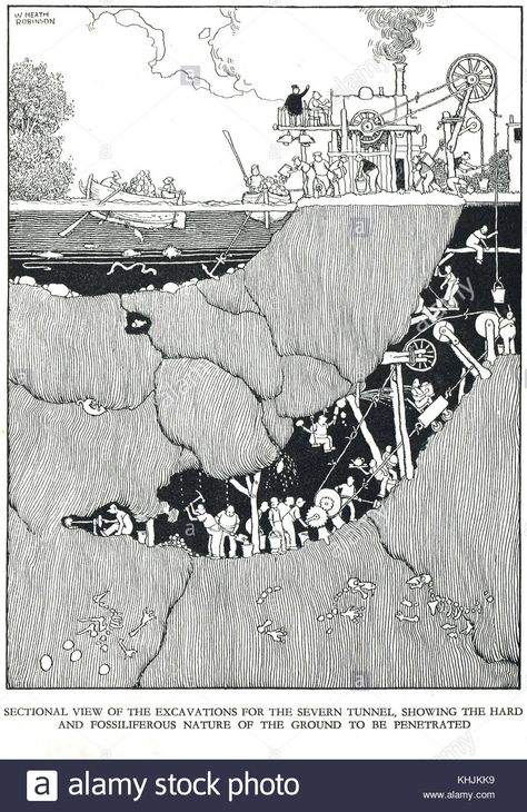 Excavating the Severn Railway Tunnel, Cartoon by William Heath Stock Photo - Alamy William Heath Robinson, Railway Tunnel, Heath Robinson, Historical Images, Diagram Architecture, Cartoon Illustration, New Yorker, Comic Art, Book Art