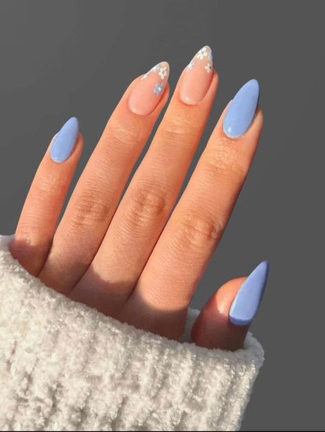 Blue Floral Print Almond Press On Nails, Reusable Nails, False Nails, Summer Nails, Cute Nails, Nail Art, Long Nails, Almond Nails #CreativeIdeas #Inspiration #Inspo #Trends #Ideas #HomeTrends #Motivation Nail Art Inspo Aesthetic 2024, Spring Nails Aesthetic 2024, Acrylic Nail Designs Spring 2024, Spring Nails2023, Nail Design Spring 2024, Nails Spring 2024 Blue, June Nails Ideas 2024, Spring Summer Nails 2024 Blue, Nail Art Long Nails