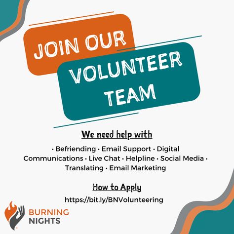 Today is the start of Burning Nights Volunteer recruitment month. We are looking for volunteers in a range of areas that can give 2-6 hours per week of their time and skills to help people affected by #CRPS. #volunteering Sign Up to Volunteer at https://www.burningnightscrps.org/get-involved/volunteering/sign-up/ Volunteer Recruitment Poster, Recruiting Ideas, Burn's Night, National Volunteer Week, Volunteer Recruitment, Social Service, Volunteers Needed, 2024 Goals, Recruitment Poster