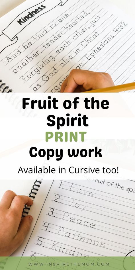 Learn the Fruit of the Spirit while studying God's Word! #fruit #spirit #curisve #copywork #copywork #handwriting #writing #practice #charlottemason #education #homeschool #home #school #print #love #joy #peace #patience #bible #study #kids #learn #early #elementary Christian Homeschool Printables, Kindergarten Copywork, Free Christian Homeschool Printables, Good And Beautiful Homeschool, Copywork Printables Free, Homeschool Bible Study For Kids, Copy Work Homeschool, Bible Curriculum For Kids Homeschooling, Free Bible Curriculum For Homeschool