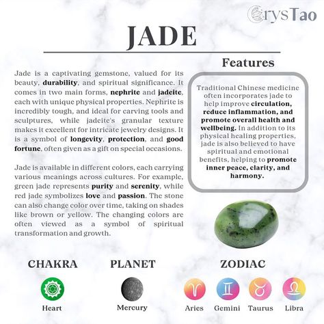 Discover the mystical properties of Jade, a powerful gemstone revered for its protective qualities and healing energy. Explore the history and lore of this ancient stone, and learn how to use Jade in meditation, energy healing, and chakra balancing. Discover care tips to keep your Jade looking its best. #Jade #HealingStone #ProtectiveEnergy #CrystalHealing #ChakraBalancing #Metaphysical #SpiritualJourney #EnergyHealing #Meditation #NaturalBeauty 35th Anniversary Ideas, Jade Properties, Jade Meaning, Crystals For Manifestation, Ancient Stone, Magick Book, Crystal Guide, Jade Crystal, Cleansing Crystals