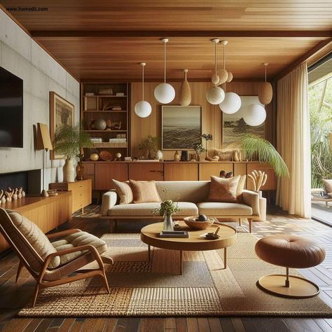 Living Room Lower Cabinets, Mcm Earth Tones, Mid Century Sitting Room Ideas, Mid Century Living Room Colors, Midcentury Modern Great Room, Mid Century Open Plan Living, Mid Living Room Midcentury Modern, Midcentury Modern Home Design, Reading Nook Mid Century Modern