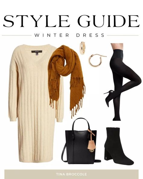 How to Wear a Winter Dress - Sweater Dress - Winter Outfits - Winter Outfit Inspiration - Winter OOTD #LTKSeasonal#LTKstyletip Cream Colored Sweater Dress, Beige Knitted Dress Outfit, Beige Dress Winter Outfit, Cream Color Dress Outfit, Cream Colored Dress Outfit, Beige Sweater Dress Outfit, Winter Dress Ideas, Outfit Inspo Sweater, Knitted Dress Outfit