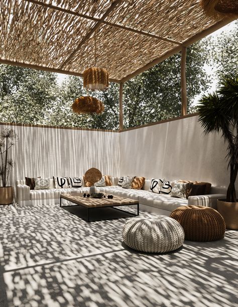 BOHO ROOF :: Behance Boho Pergola, Cozy Moodboard, Boho Terrace, Boho Architecture, Bamboo Roof, Modern Apartment Design, Terrace Decor, Rooftop Design, Contemporary Villa