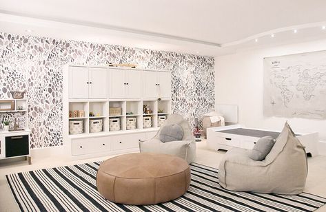 media room turned neutral playroom Playroom Lounge Seating, Media Room And Playroom, Teen Media Room, Teen Playroom Ideas, Kids Entertainment Room, Bonus Room Playroom, Teen Playroom, Playroom Lounge, Kids Hangout Room