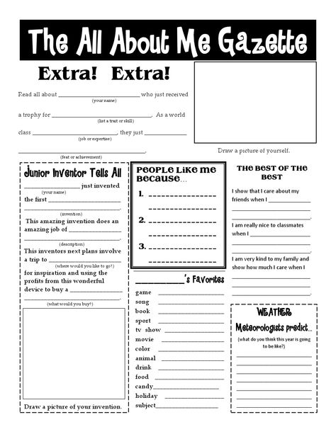 All About Me Gazette! This is more in depth and we could do a lesson on how people write stories that capture their audiences attention before doing this activity. Great idea where students can write and we can all learn about one another. Classroom English, Rock Projects, Bulletin Boards Theme, Christian Classroom, All About Me Worksheet, School Start, Business Activities, Book Reports, Beginning Of Year