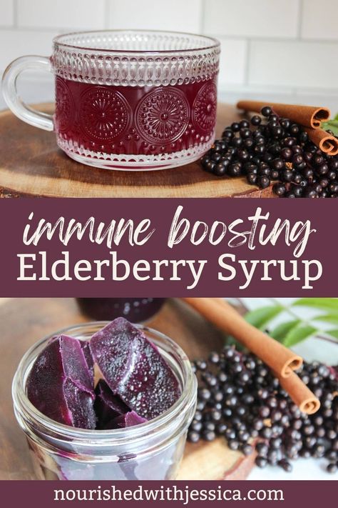 Boost your immune system with this easy homemade elderberry syrup recipe! Made with fresh or dried berries, raw honey, and cinnamon, this syrup is a holistic remedy for cold and flu season. Learn how to make and store this immune-boosting syrup at home. It’s a simple, natural way to reduce symptoms and keep your immune health strong all year long. Recipe For Elderberry Syrup, Elderberry Honey Syrup Recipe, How To Prepare Elderberries, Elderberry Syrup Recipe Instant Pot, Elderberry Wellness Shots, Elderberry Cough Drops, Best Elderberry Syrup Recipe, Fresh Elderberry Syrup Recipe, Elderberry Immunity Shots