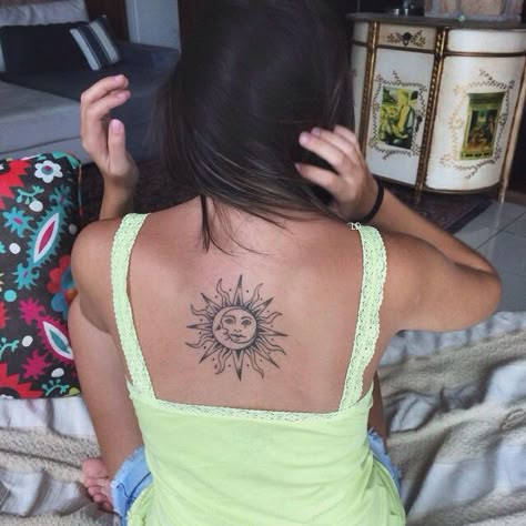 sun and moon tattoo Moon Sun Back Tattoo, Sun And Moon Tattoo On Back, Sun Moon Back Tattoo, Sun Moon Tattoo Back, Sun And Moon Tattoo Back, Sun And Moon Tattoo Arm, Sun And Moon Back Tattoo, Sun Back Tattoo, Sun And Moon Tattoo Ideas