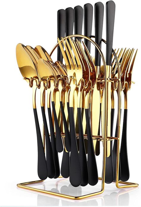 Amazon.com | 24 Pieces Flatware Set, Caliamary Stainless Steel Flatware Set with Silverware Holder Spoons Forks Knives,Utensils Set Service for 6,Gold Mirror Polished and Matte Pink Painted (Pink)…: Flatware Sets Forks And Knives, Gold Silverware, Stainless Steel Silverware, Silverware Holder, Matte Pink, Cutlery Sets, Pink Paint, Stainless Steel Cutlery, Stainless Steel Flatware