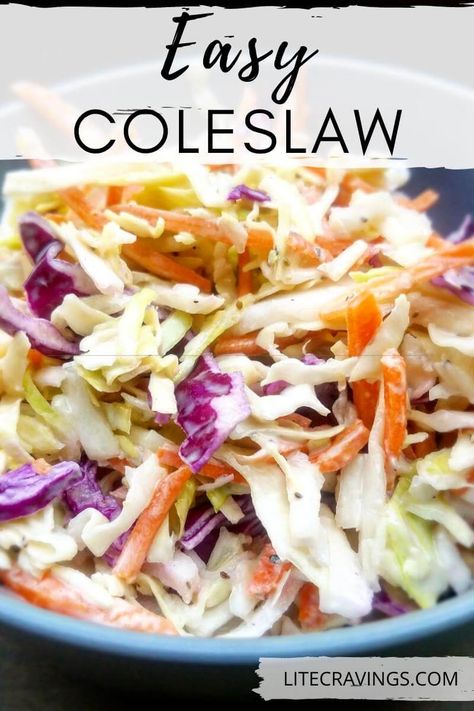 This creamy Easy Coleslaw comes together in 5 minutes, using ingredients you probably already have in your pantry. The easiest side dish you can make! #coleslaw #salad #saladdresssing Light Coleslaw Dressing, Healthy Coleslaw Recipes Clean Eating, Light Coleslaw Recipe Healthy, Weight Watchers Coleslaw Recipe, Purple Coleslaw Recipe, Ww Coleslaw Recipe, Ww Coleslaw, Weight Watchers Coleslaw, Creamy Coleslaw Recipe