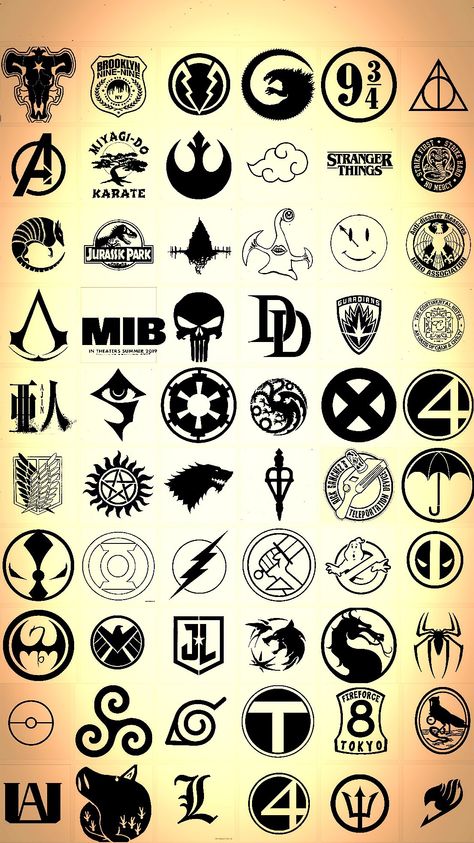 Anime Logo Tattoo, Marvel Flash Tattoo, Anime Symbols Logos Design, Anime Logos Symbols, Anime Symbols Tattoo, Flash Tattoo Anime, Cartoon Symbols, Fandom Symbols, Anime Flash Tattoo