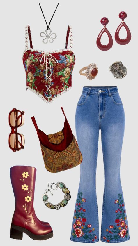 70s hippie inspired outfit #outfitinspo #vintage #hippie #vintage #boho #70s #70sfashion 70s Clothes Inspiration, Girly Hippie Outfits, 70s Hippy Fashion, 70s Fashion Inspo Style, 70s Street Fashion, 70s Outfits For Women, Jodie Outfits, 1970s Outfit Ideas, Vintage Outfits 70s Boho