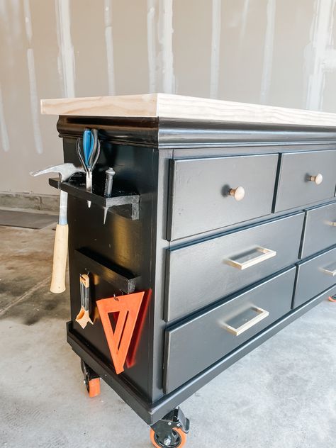 Dresser Workbench Garage, Dresser Toolbox Diy, Old Dresser Refurbished, Dresser Workbench, Dresser Garage, Toolbox Dresser, Tool Box Dresser, Kid Dresser, Workbench On Wheels