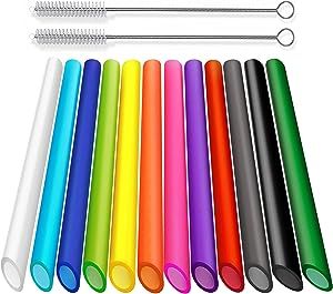 ALINK 12 PCS Reusable Boba Straws, 13 mm x 10.5 inch Long Wide Colored Plastic Smoothie Straws for Bubble Tea, Tapioca Pearls with 2 Cleaning Brush - Pointed Design Bubble Tea Tapioca Pearls, Boba Smoothie, Bubble Tee, Bubble Tea Straws, Boba Pearls, Smoothie Straw, Tapioca Pearls, Boba Tea, Metal Straws