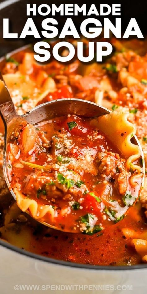 Make this easy lasagna soup recipe for lunch or dinner. It's flavorful and filling, and it comes together in no time. It has simple ingredients like tomatoes and vegetables with Italian sausage in a rich tomato broth. Cook it up on the stovetop, or make it in an Instant Pot or a Crockpot if desired. (Check the manual for cooking time and temperature.) Top it with cheese or croutons, or both for a tasty lunch or dinner-time starter. #lasagnasoup #recipeeasy #recipeonepot #spendwithpennies Lasagna Soup With Vegetables, Lasagna Noodle Soup Recipes, Crockpot Lasagne Soup, Hot Italian Sausage Soup Recipes, Lasagna Soup Made With Spaghetti Sauce, Lasagna Soup Recipe With Sausage, Lasagne Soup Recipe Easy, Lagsana Soup Recipe Easy Crockpot, Lasagna Soup Recipe Stove Top