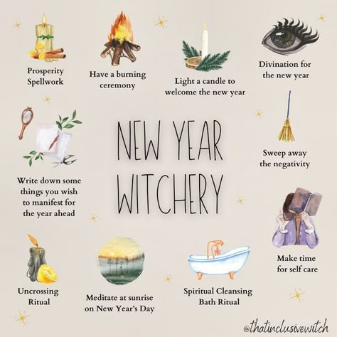 That Inclusive Witch | Mads ☾ on Instagram: "For many of us, October 31st is the Witches’ New Year. However, if you do celebrate New Year’s Eve & New Years Day, here is how you can add a touch of witchery!🥂🤍✨ . I usually do a lot of self-reflection during this time. Reflecting on the highs & lows of the year that has passed. For me, unfortunately, there have been far too many lows than highs. I’m manifesting a better year. Goodbye 2022. Hello 2023!💕 . #newyear #witchcraft #newyearseve #goodby New Year Altar Ideas, New Years Witch Tips, Witches New Year Ritual, New Month Witch Rituals, Monthly Witch Rituals, Witch Holidays 2024, Witch New Year, New Year’s Eve 2023, New Years Witchcraft