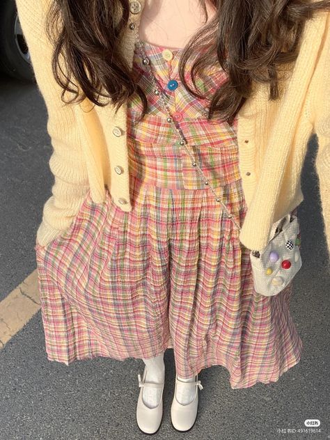 White Dress And Cardigan Outfit, Fitted Dress With Cardigan, Studio Ghibli Outfits, Ootd Yellow, Cardigan Outfit Aesthetic, Rok Outfit, St Mary, Really Cute Outfits, Girly Outfits