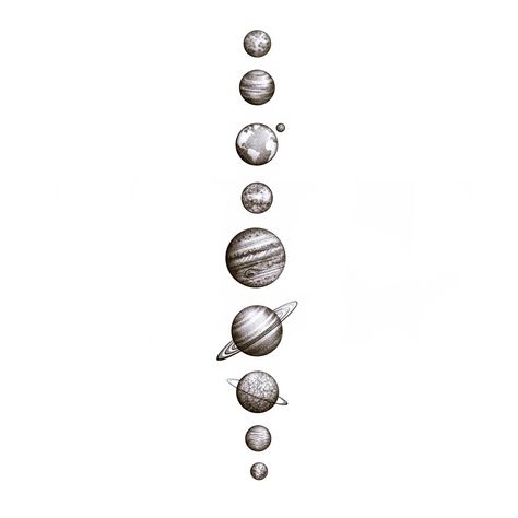 Black And White Planet Tattoo, Solar System Wrist Tattoo, Planets Tattoo Ideas, Space Aesthetic Tattoos, Simple Solar System Tattoo, Fine Line Planet Tattoo, Planets Spine Tattoo, Planets Back Tattoo, Planet Spine Tattoo