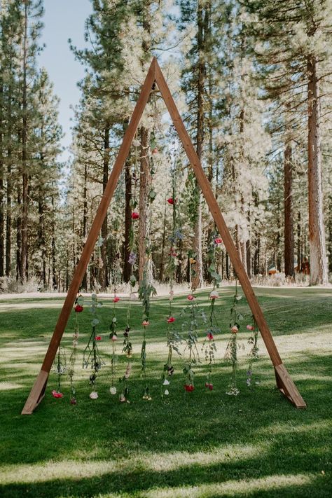 Decorating A Triangle Wedding Arch, Hanging Flower Arch Wedding, Triangle Arch Backdrop, Wedding Arch With Hanging Flowers, Triangle Arch Wedding Flowers, Triangle Altar Wedding, Wedding Arch Ideas Triangle, Triangle Wedding Arch Decor, Wildflower Ceremony Arch