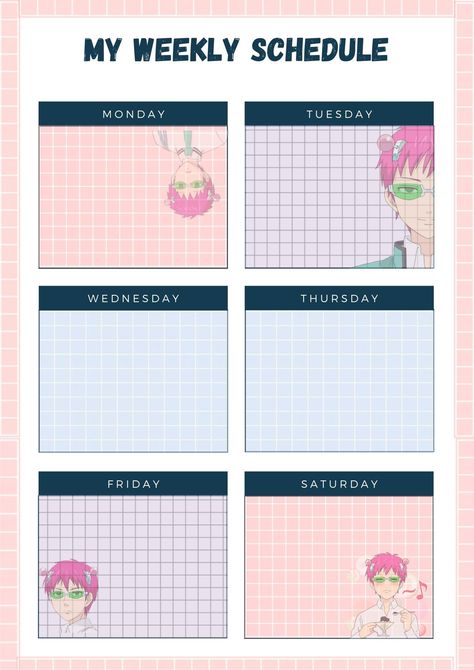 My weekly schedule saiki k plannerpretties #study #hourlydailyplanner #kidsplanner🖥 Anime Planner Printables, Anime Digital Planner, Anime Weekly Planner, Anime Notepad, Study Timetable Template, Anime Planner, Study Anime, Study Planner Printable Free, Digital Notepad