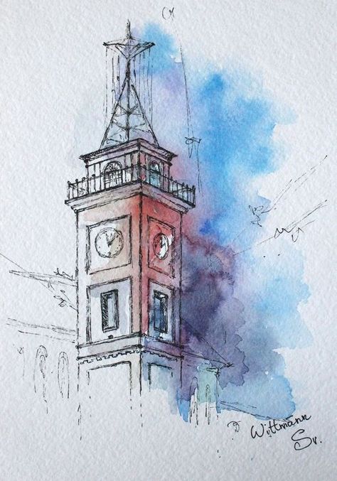 Watercolor Drawing, Watercolor Artwork, Watercolor Painting, Building, Blue, Watercolour Painting