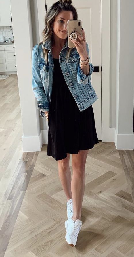 Dress With Sneakers And Jean Jacket, Jean Jacket Outfits Dress, Black Skirt Jean Jacket Outfits, Black Dress With Jean Jacket Outfit, Black Dress Denim Jacket Outfit, Black Dress Jean Jacket Outfit, Black Dress White Sneakers, Jean Jacket With Dress, White Dress Denim Jacket