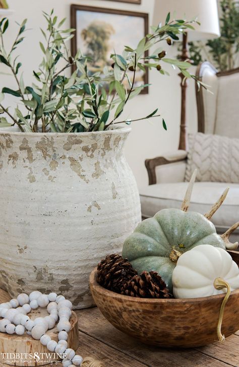 Green And White Fall Decor, Green Autumn Decor, Green Fall Decor, Stem Arrangements, White Entry Table, Neutral Family Room, Pottery Barn Living Room, Faux Branches, Barn Living