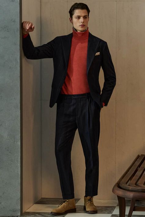 Red Turtleneck Outfit Men, Red Turtleneck Outfit, Chukka Boots Outfit, Turtleneck Outfit Men, Turtleneck Suit, Dark Navy Suit, Black And Red Suit, Derby Boots, Types Of Suits