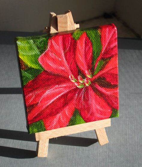 Poinsettia Painting, Acrylic Painting Christmas, Small Acrylic Painting, Christmas Canvas Art, Christmas Paintings On Canvas, Painting Christmas, Small Canvas Paintings, Holiday Painting, Christmas Poinsettia