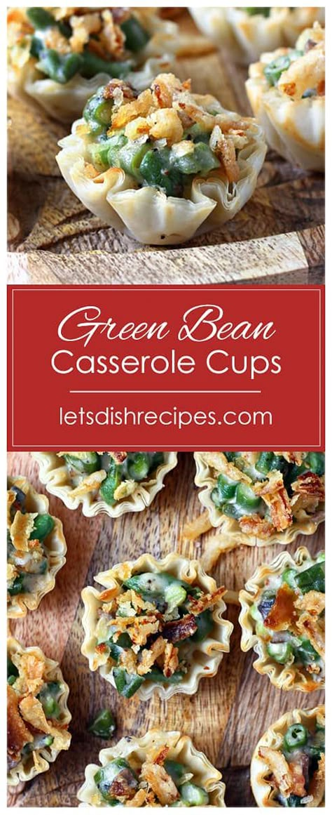 Green Bean Casserole Puff Pastry, Mini Green Bean Casserole Cups, Green Bean Casserole Appetizer, Mini Green Bean Casserole, Green Bean Appetizer Recipes, Nye Side Dishes, Green Bean Appetizers, Thanksgiving Pot Luck Ideas, Mini Thanksgiving Dinner