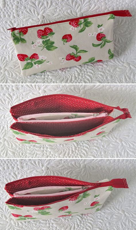 double-pouch-patterns-45 Double Zipper Pouch Tutorial, Pencil Pouch Pattern, Pencil Case Pattern, Wristlet Patterns, Double Zipper Pouch, Unique Pouch, Zipper Pouch Tutorial, Pouch Sewing, Quilting Studio