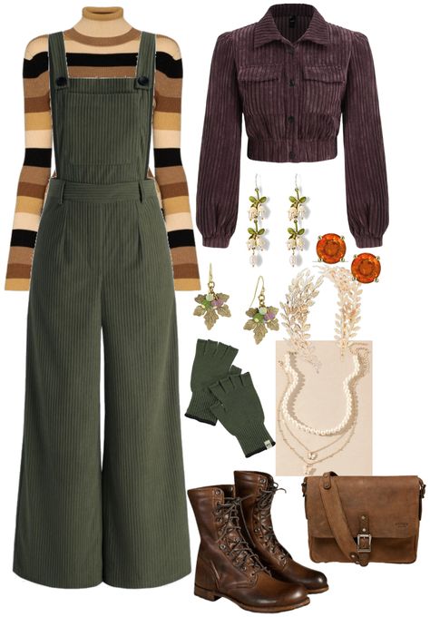 Autumn outfit ideas | Light Witch Aesthetic Outfit, Mountaincore Outfit, Winter Outfits With Overalls, Earthy Green Outfits, Autumn Tone Outfits, Green Academia Aesthetic Outfits, Mushroom Aesthetic Outfit, Comfy Cold Weather Outfits, Green Academia Aesthetic Outfit