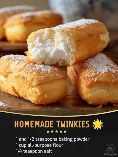 Mama's  Cooking Recipes | This homemade Twinkies recipe for Hostess snack cakes filled with fluffy cream filling is just like the ones from your childhood | Facebook Hostess Cake Recipe, Homemade Twinkies Recipe, Twinkies Cake, Twinkie Filling Recipe, Twinkie Cake Recipe, Lil Debbie Snacks, Homemade Twinkies, Twinkie Desserts, Fried Twinkies