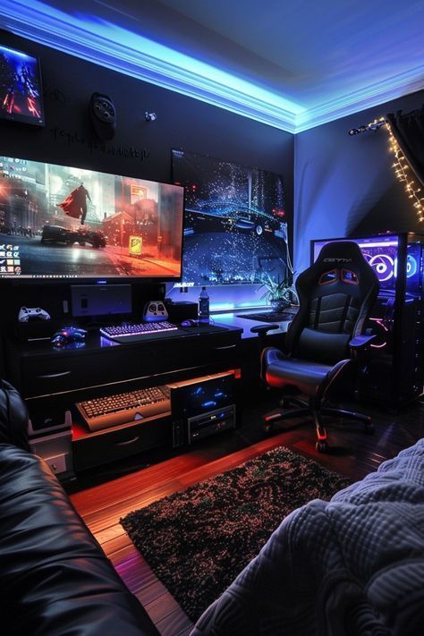 Gamer Boy Room, Masculine Bedroom Ideas, Chill Room Ideas, Male Living Space, Paintings Nature, Bedroom Ideas For Men, Men's Bedroom, Masculine Bedroom, Home Studio Setup